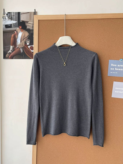 Retro soft and sticky cashmere rolled-edge turtleneck knit sweater for women, autumn and winter, gentle and versatile layering base layer top.