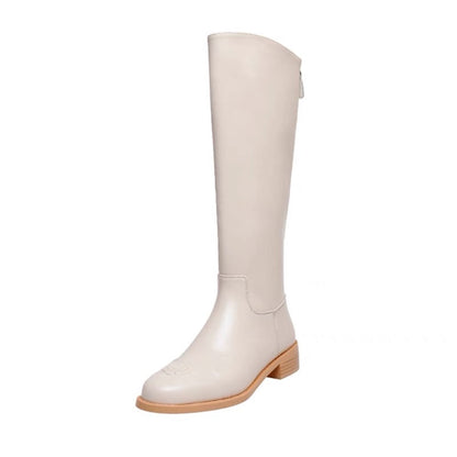 Cowhide boots, women's boots, students' mid-heel high boots, but knee boots, round-toed camellia, small fragrance, thick-heeled boots, new style