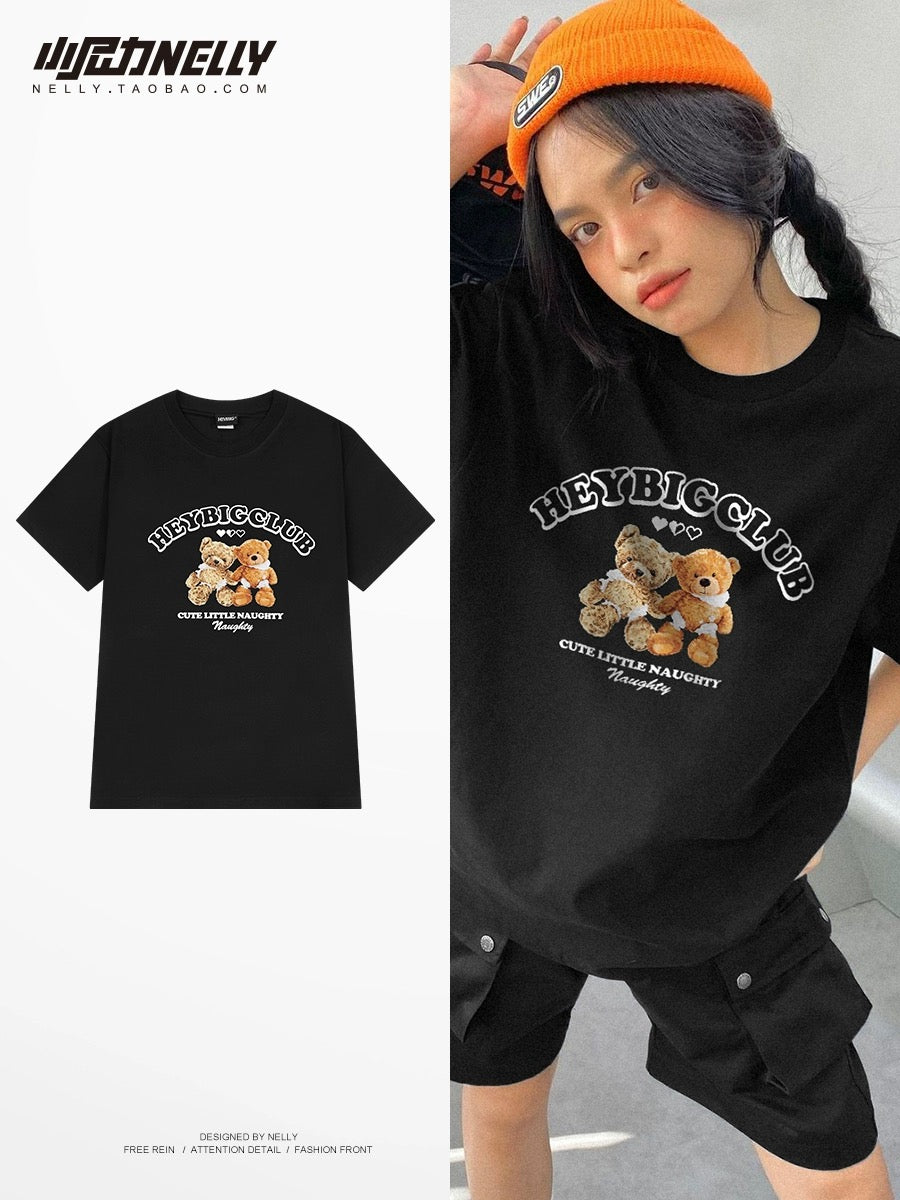 Short-sleeved T-shirts for men and women in summer new American loose bear print tops cityboy couple casual T-shirt trend