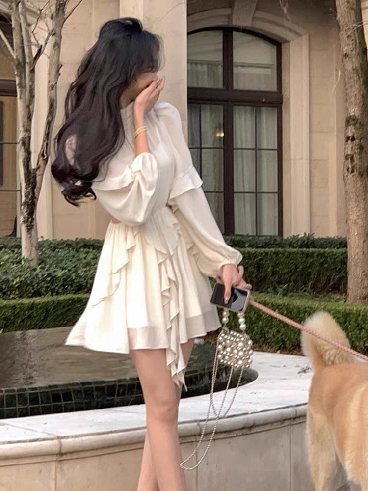 Small temperament milky apricot color design sense fungus edge waist hollow hollow fugitive princess dress female 2023 new style (D019)