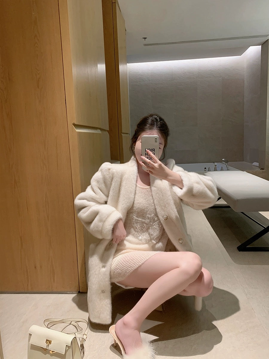 ByYou new 3D bead butterfly fairy apricot white mohair inner sweater women's loose bottoming sweater