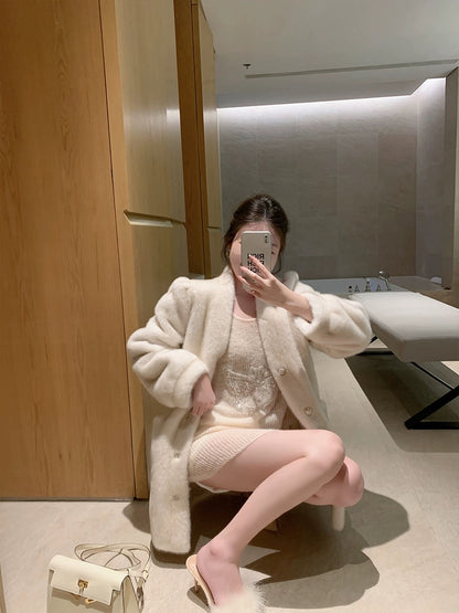ByYou new 3D bead butterfly fairy apricot white mohair inner sweater women's loose bottoming sweater