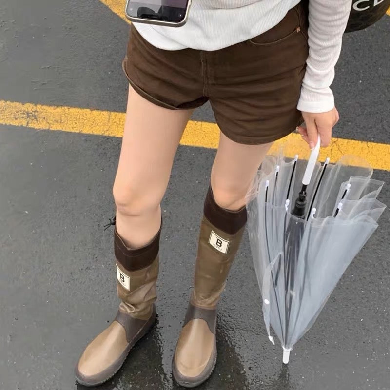 Japan Wild Bird Association boots women's outdoor camping knight boots retro boots but knee flat heel waterproof rain boots