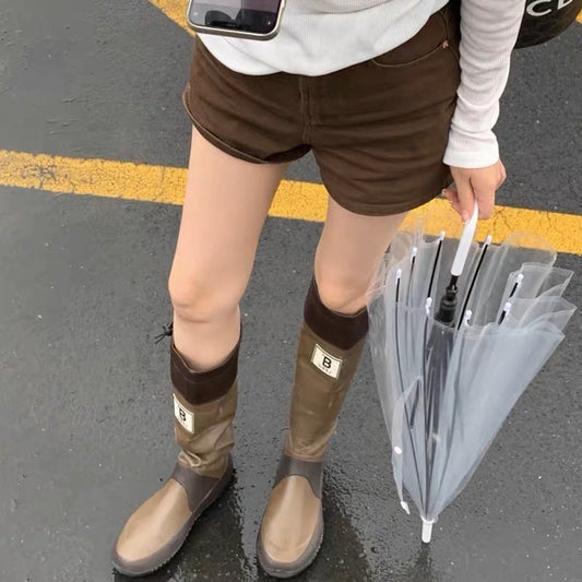 Japan Wild Bird Association boots women's outdoor camping knight boots retro boots but knee flat heel waterproof rain boots