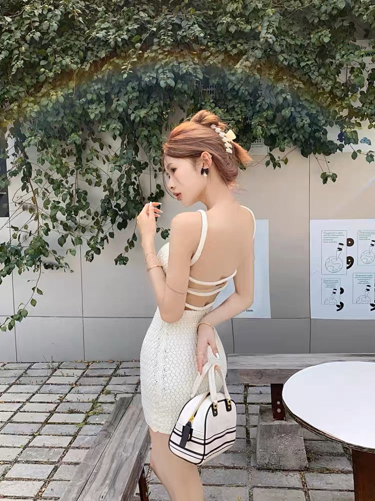 French sexy backless white knitted suspender dress female summer slim sweet hot girl vest bag hip short skirt