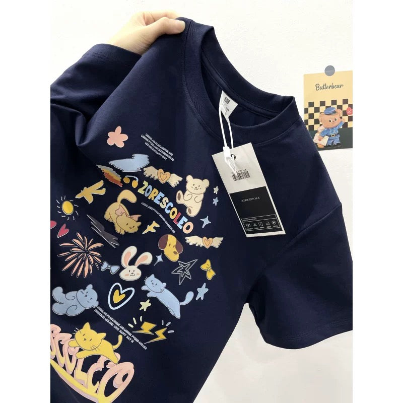 American style ins three bears printed cotton short-sleeved T-shirt men and women summer heavyweight all-match loose couple tops