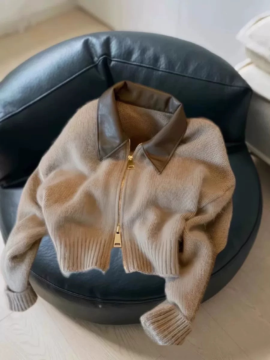 European goods high-grade leather POLO collar stitching knitted cardigan double-head zipper lazy style raccoon fleece sweater jacket for women