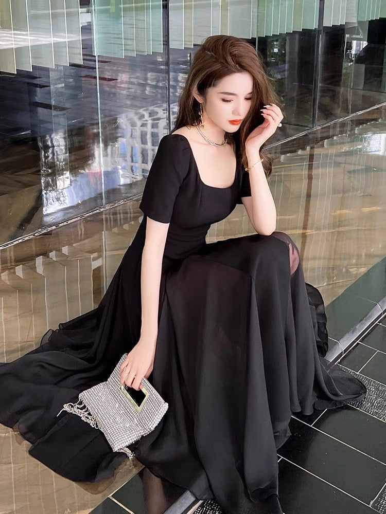 Irregular high waist black dress