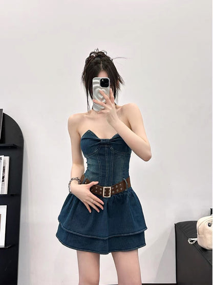 EUSKY IIWAN Retro denim sweet hottie tube top dress with waist slimming tutu short A-line skirt (D659)
