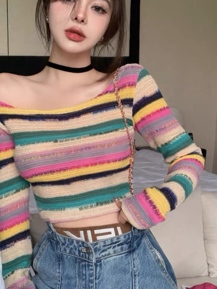 Pure desire hottie in early spring sexy and sweet rainbow striped one-shoulder design top for women high-end ice silk thin T-shirt