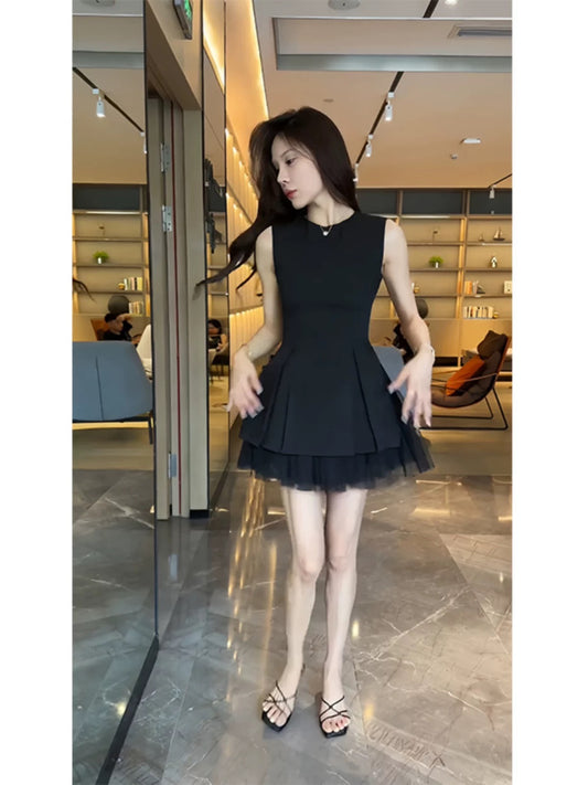 Small black sleeveless suit skirt summer new 2024 summer design sense advanced temperament waist skirt female