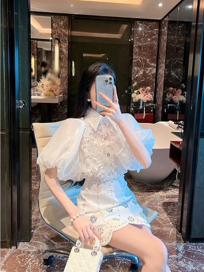 BETTER LS Chanel style suit for women French puff sleeves white shirt beaded skirt high-end two-piece suit