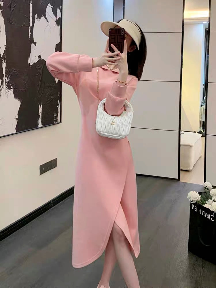 Hooded pink sweatshirt skirt women's autumn new waist slimming mid-length casual temperament bottoming dress (V6618)