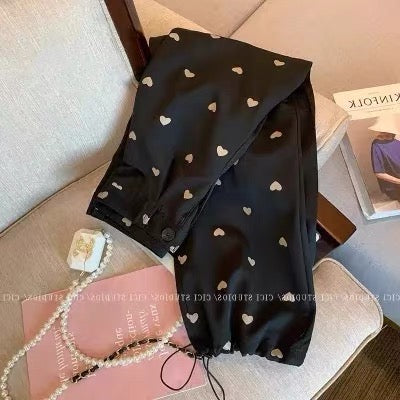 Designed drawstring love printed casual pants for women petite high waist drape wide leg pants summer Korean style long pants