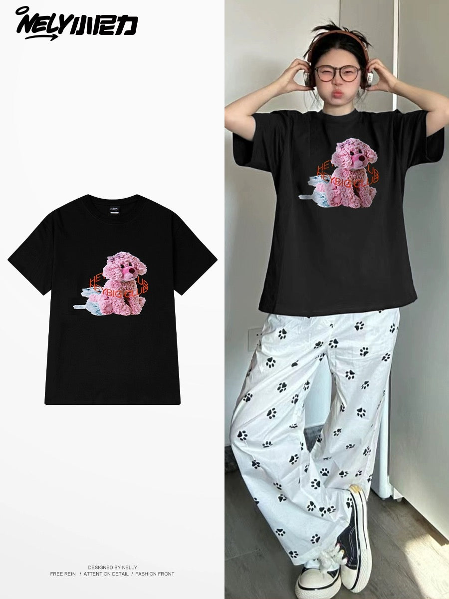 nely Little Nelly short-sleeved T-shirt for men and women with round neck new loose American retro summer pink puppy all-match top