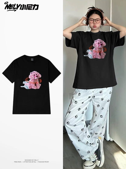 nely Little Nelly short-sleeved T-shirt for men and women with round neck new loose American retro summer pink puppy all-match top