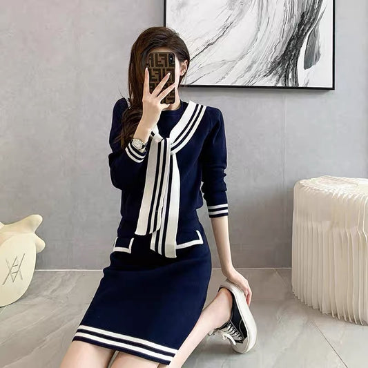 Small suit skirt women's new 2023 autumn and winter long-sleeved navy style sweater knitted two-piece suit skirt