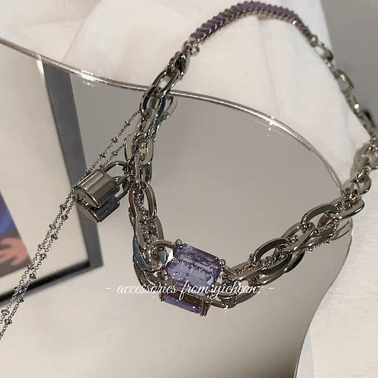 YIcheon out of control 2.0 Nanjing lock purple gemstone necklace female ins wind chain niche stacked clavicle chain C43
