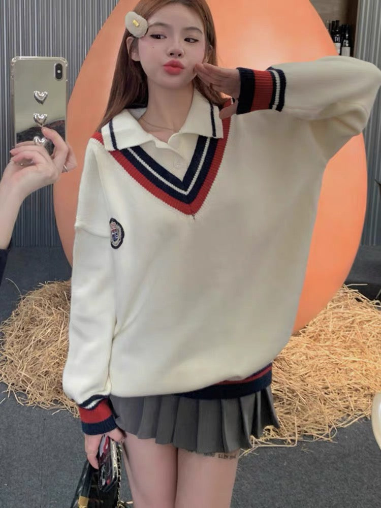 College style fake two-piece v-neck pullover sweater niche long-sleeved loose knitted sweater top for women autumn and winter 2023 new style