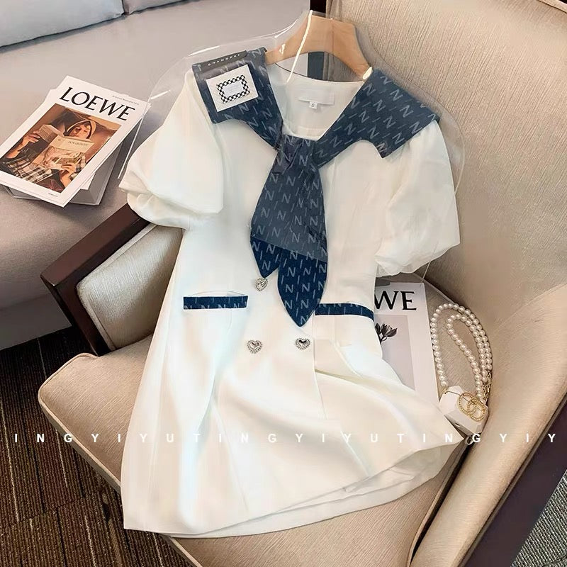 French style high-end age-reducing navy collar white dress for women summer slimming puff sleeves first love A-line skirt (V01)