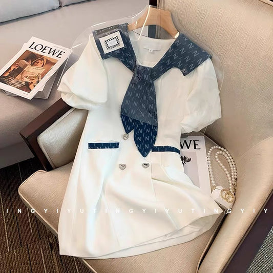 French style high-end age-reducing navy collar white dress for women summer slimming puff sleeves first love A-line skirt (V01)