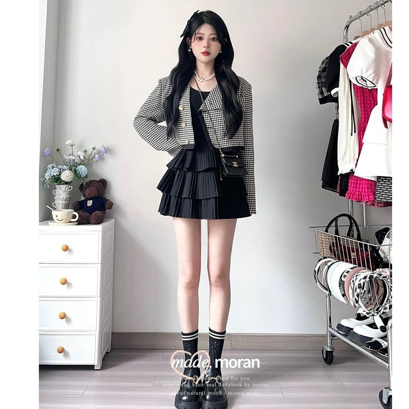 Small fragrant style suit, high-end and cold style two-piece skirt, houndstooth plaid short jacket, female celebrity early spring new style
