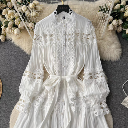 French retro palace style stand-up collar hollow single-breasted long-sleeved dress with waist and elegant high-end feel (S0991)