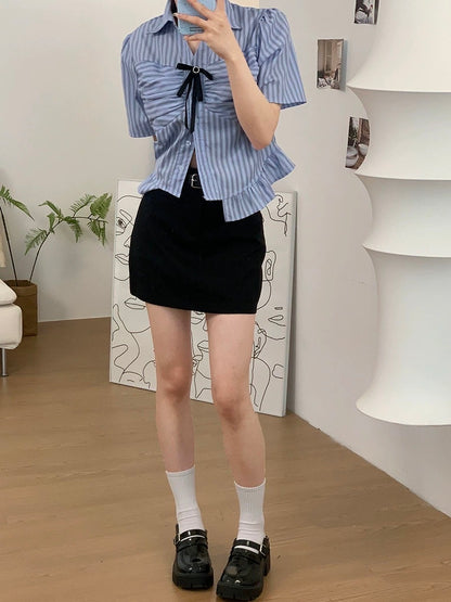 RENA with belt American girl college style high waist slim and small summer A-line anti-lost suit skirt
