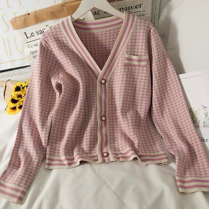 Suit women's 2023 autumn striped houndstooth low-neck single-breasted long-sleeved sweater drapey high-waisted wide-leg pants trendy