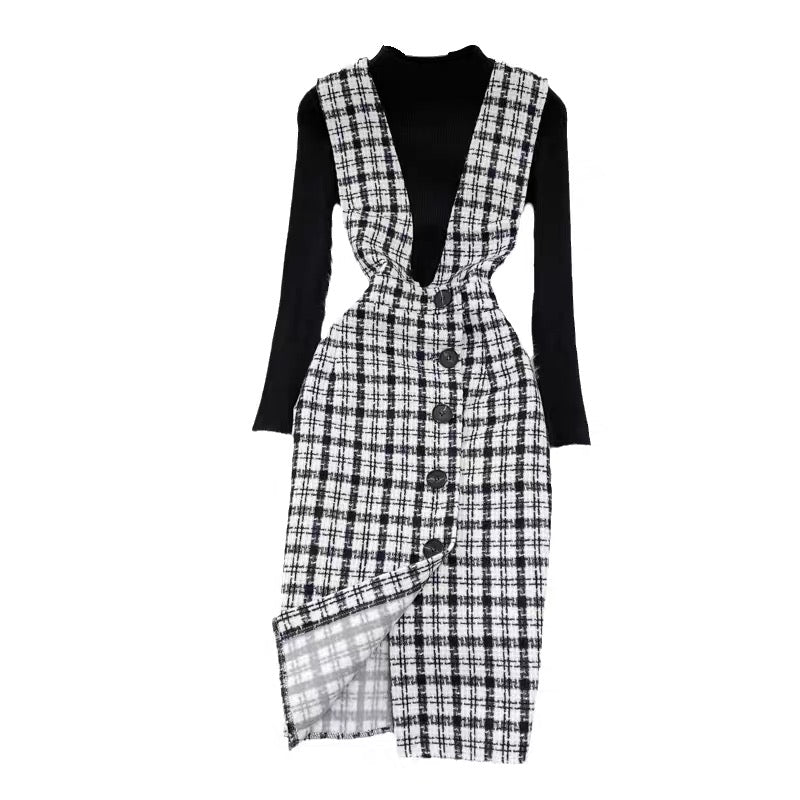 Wool plaid suit skirt for women 2023 autumn and winter new style temperament waist slimming suspender dress sweater two-piece set