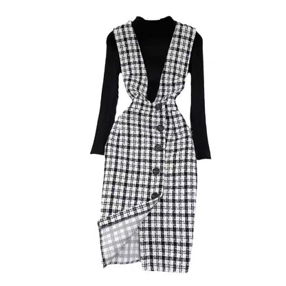 Wool plaid suit skirt for women 2023 autumn and winter new style temperament waist slimming suspender dress sweater two-piece set