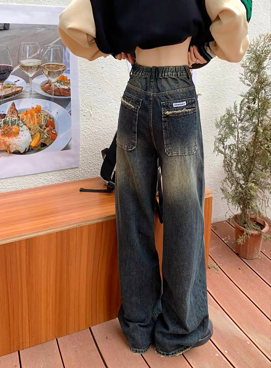 PPHOME cool sister dragging sister ~ small floor mopping jeans women's autumn straight pants high waist loose wide leg trousers