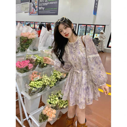 French retro lace stitching long-sleeved floral skirt dress women's summer 2023 new temperament a-line short skirt