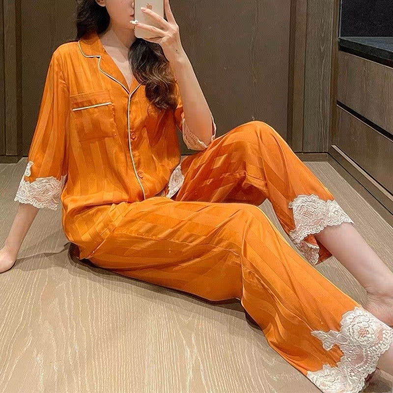 Japanese ins ice silk sexy luxury pajamas for women 2023 spring and autumn silk long-sleeved suit thin home clothes