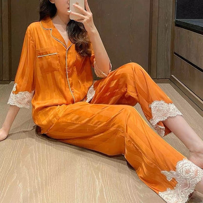 Japanese ins ice silk sexy luxury pajamas for women 2023 spring and autumn silk long-sleeved suit thin home clothes