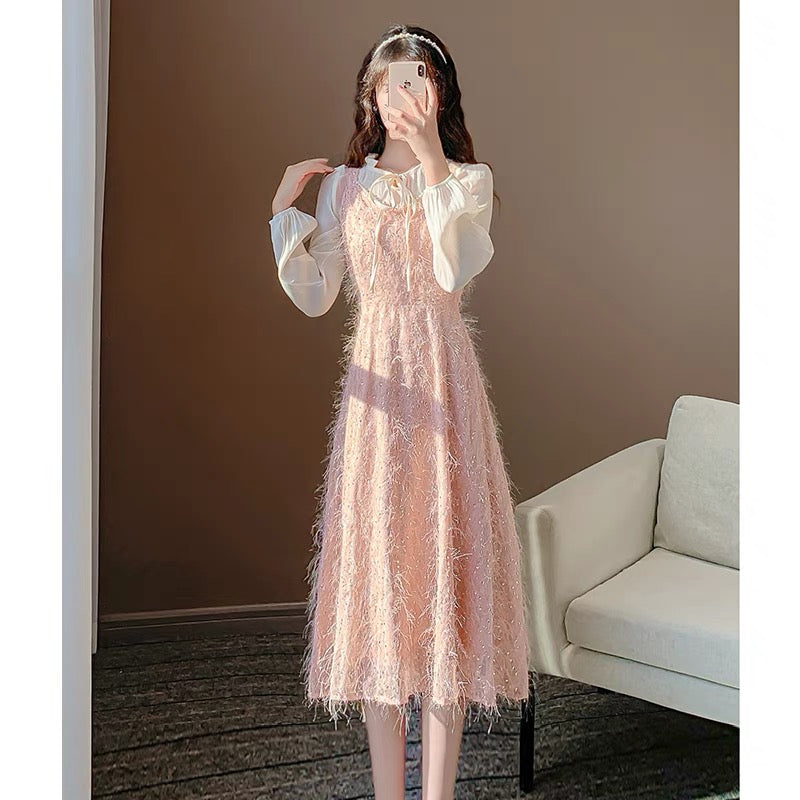 New autumn clothing, sweet temperament, first love style fairy skirt, light luxury mini dress, two-piece sequin tassel dress for women