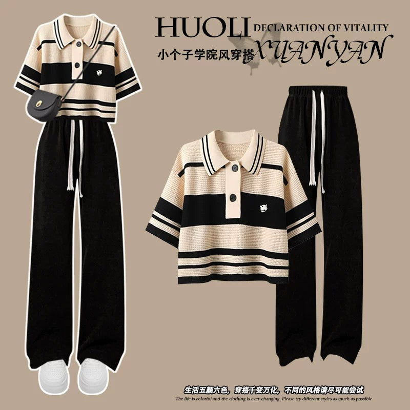 Striped straight shoulder short-sleeved T-shirt for women summer 2024 new design niche Korean style small polo collar top