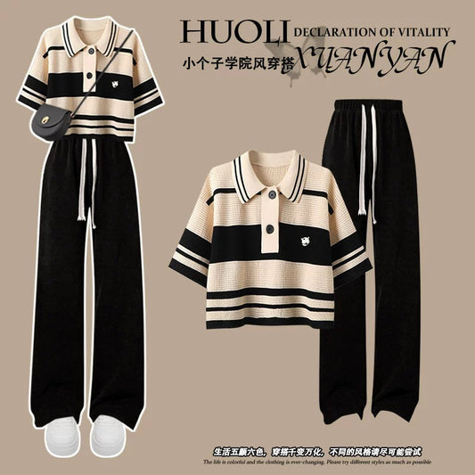 Striped straight shoulder short-sleeved T-shirt for women summer 2024 new design niche Korean style small polo collar top