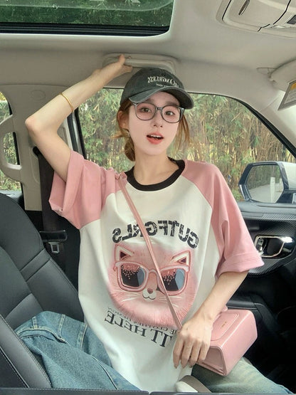 Pink raglan short-sleeved T-shirt for women in summer American loose sequined cat heavy print European goods large version top trend