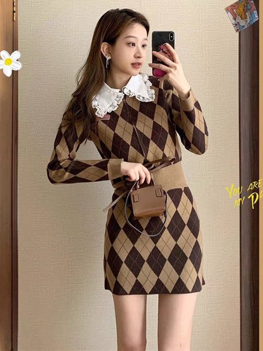 [Fan Welfare] Knitted Suit Women's Early Spring 2023 New Hong Kong Style Retro College Style Skirt Two-piece Set T3493