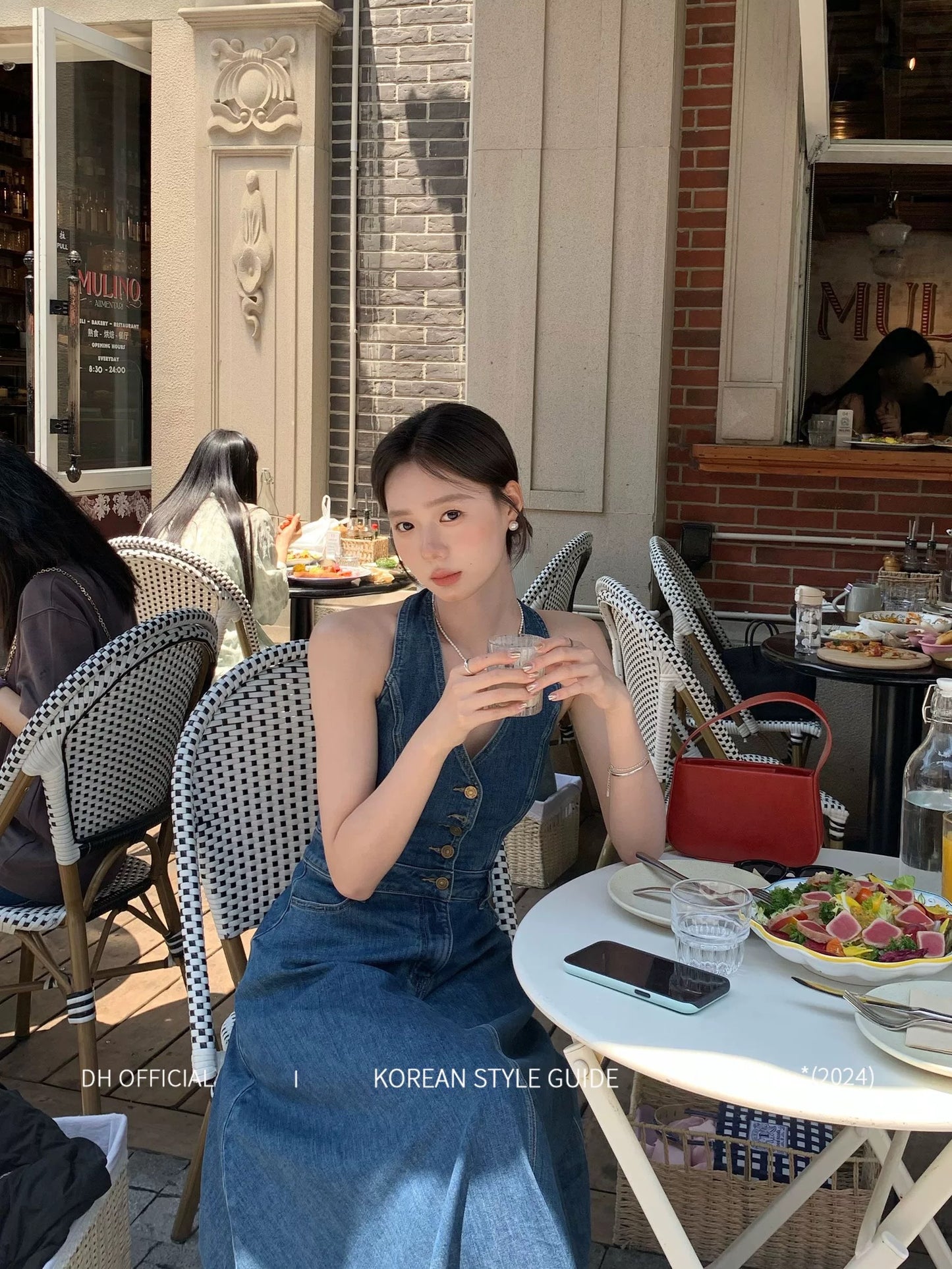 DH OFFICIAL Big Flower [Art Beauty] Denim Dress Women's Summer Korean Commuter Halter V-neck A-line Skirt