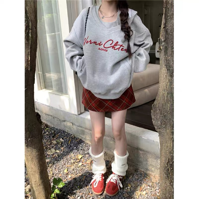 American waffle fashion suit for women autumn 2023 new hooded sweatshirt with camisole two-piece trendy set A2235