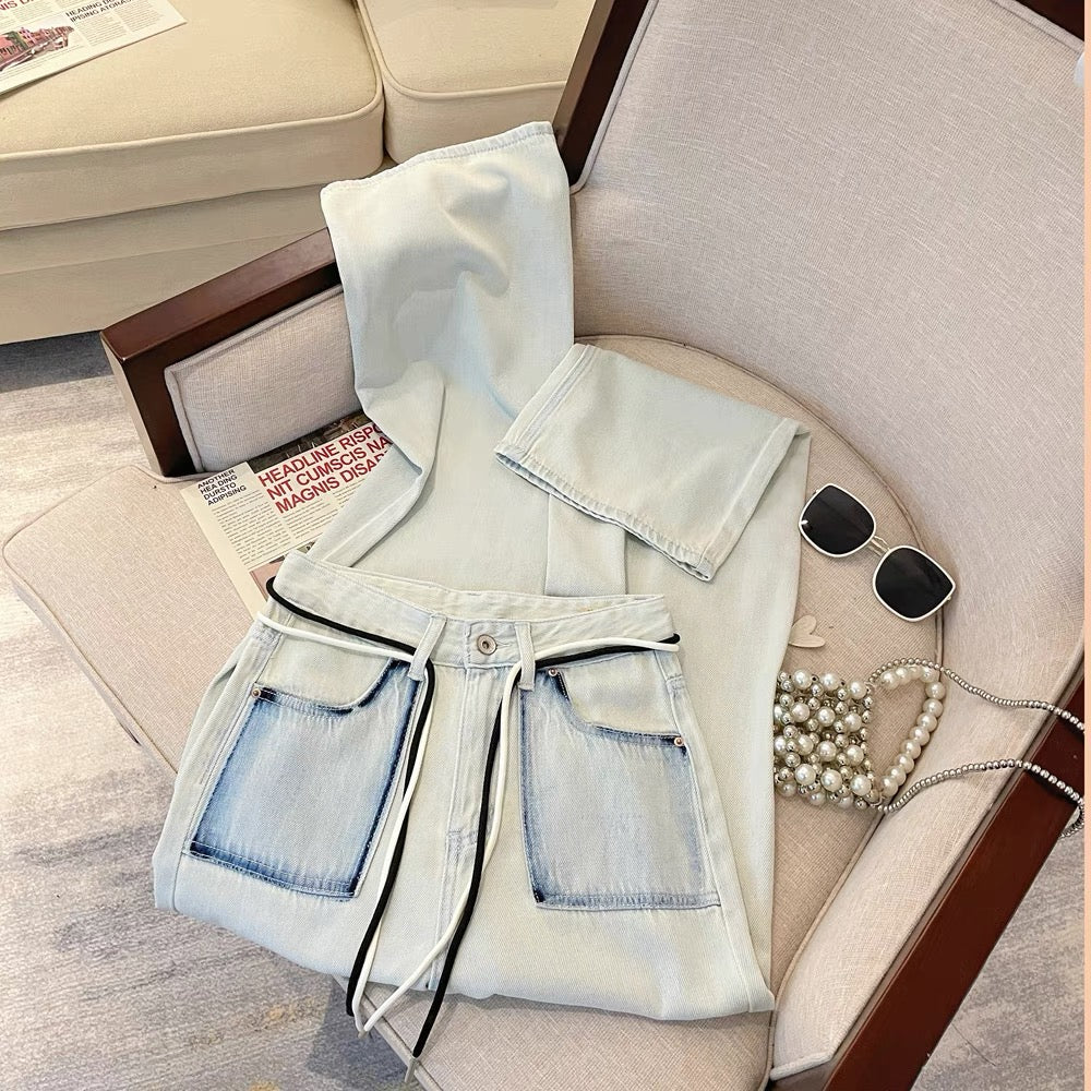 Design sense Hong Kong style washed high-waist straight wide-leg pants for women summer 2023 new chic loose floor-length long pants