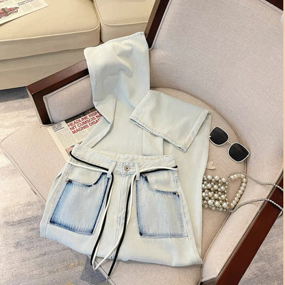 Design sense Hong Kong style washed high-waist straight wide-leg pants for women summer 2023 new chic loose floor-length long pants