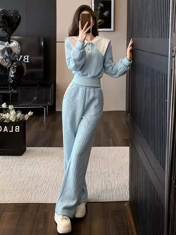 2023 autumn and winter new sweet and stylish large lapel contrasting color short top twist braided slim straight trousers suit (V6614)