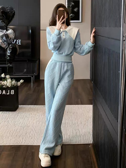 2023 autumn and winter new sweet and stylish large lapel contrasting color short top twist braided slim straight trousers suit (V6614)