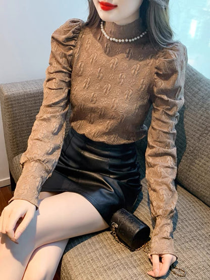 French beaded half turtleneck puff sleeve lace shirt for women autumn and winter new style slim and fashionable inner layering shirt top (B2313)
