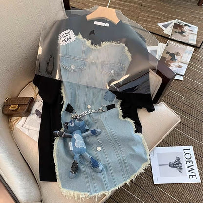 Short-sleeved women's 2023 new summer style irregular denim splicing slimming slim temperament mid-length top ins trend
