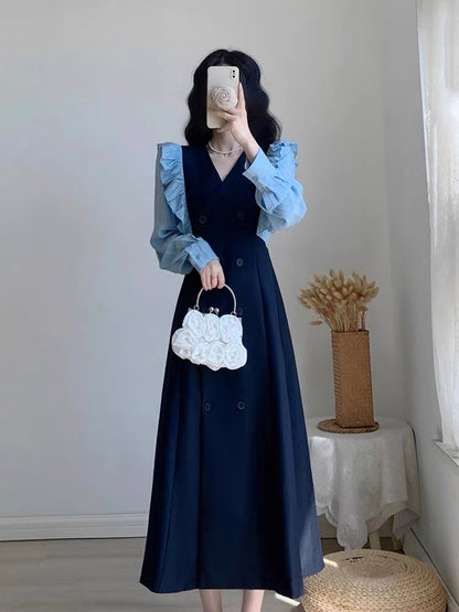 Autumn women's clothing 2023 new high-end A-line long skirt double-breasted French waist slimming light mature style dress