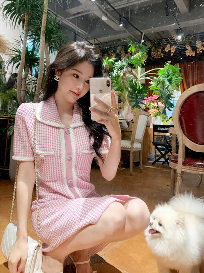 High quality goods! French style pink gentle and sweet knitted skirt dress W